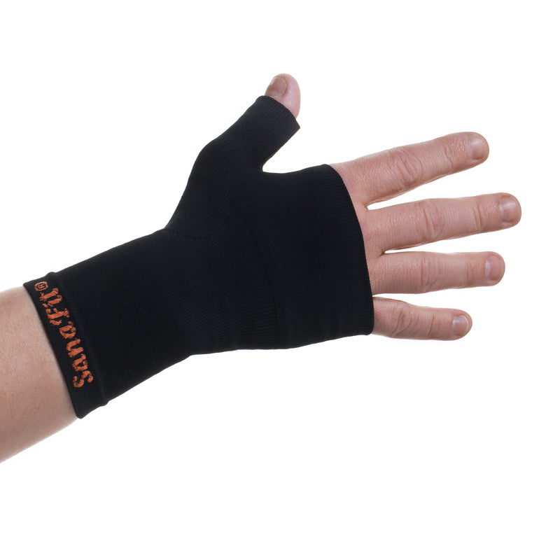 ABSOLUTE360 black thumb & wrist support on a person's wrist, open hand, front view on white background