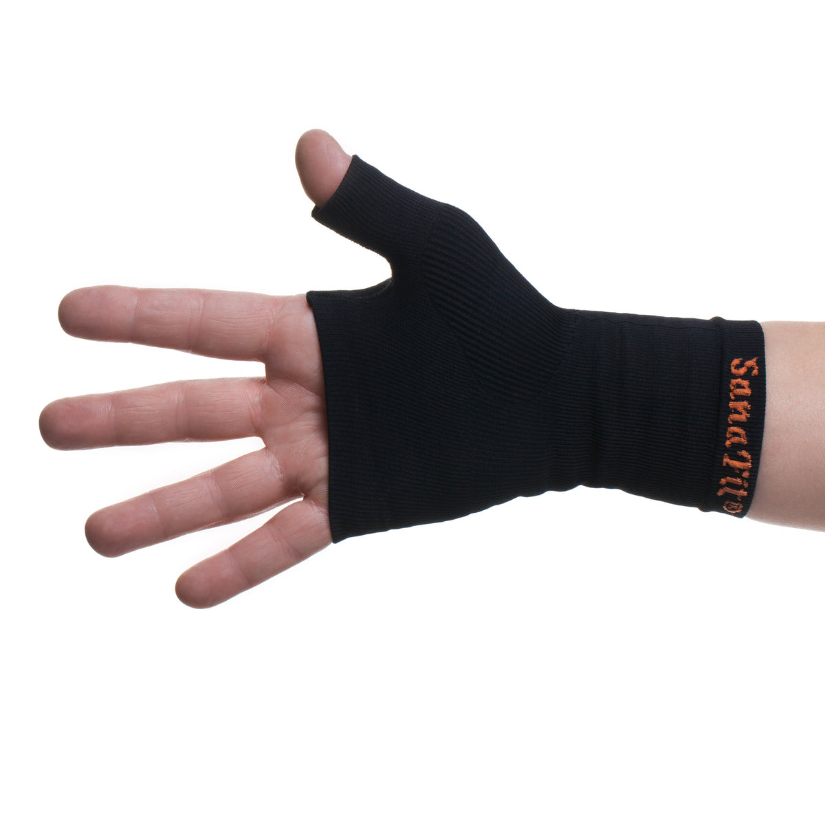 ABSOLUTE360 black thumb & wrist support on a person's wrist, open hand, back view on white background