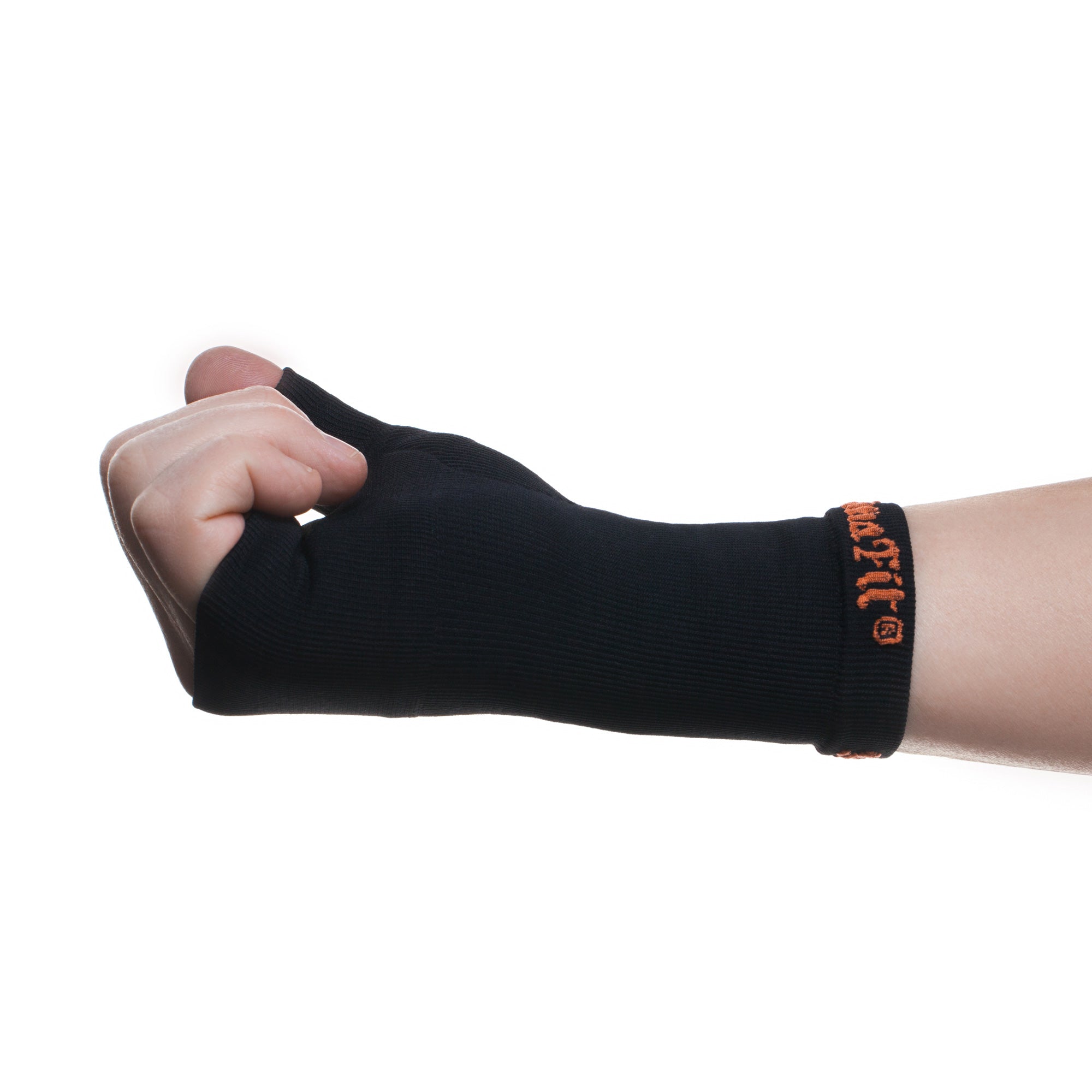ABSOLUTE360 black thumb & wrist support on a person's wrist, closed hand, inside side view on white background