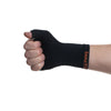 ABSOLUTE360 black thumb & wrist support on a person's wrist, closed hand, back view on white background