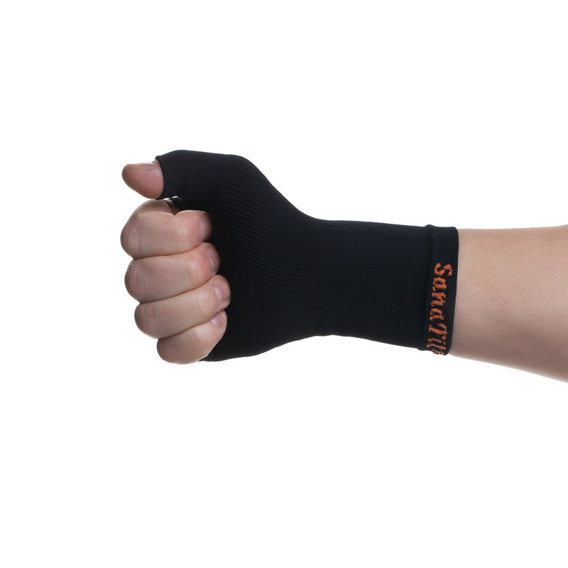 ABSOLUTE360 black thumb & wrist support on a person's wrist, closed hand, back view on white background