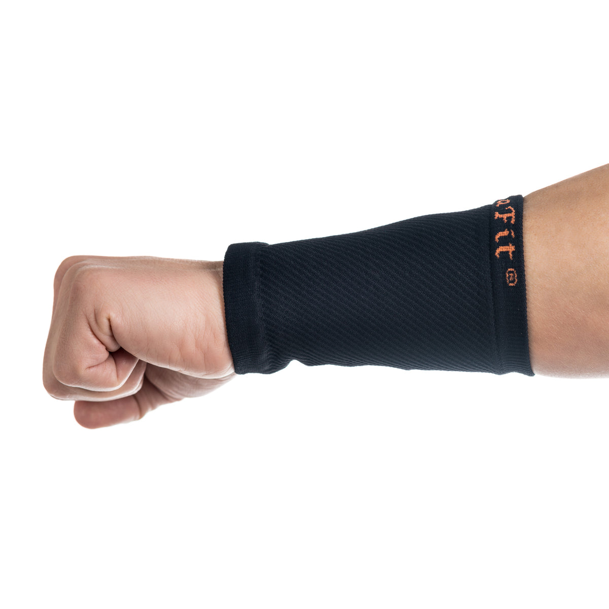 ABSOLUTE360 black wrist support on a person's wrist, closed hand, side view on white background