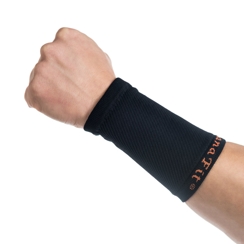 ABSOLUTE360 black wrist support on a person's wrist, closed hand, front view on white background