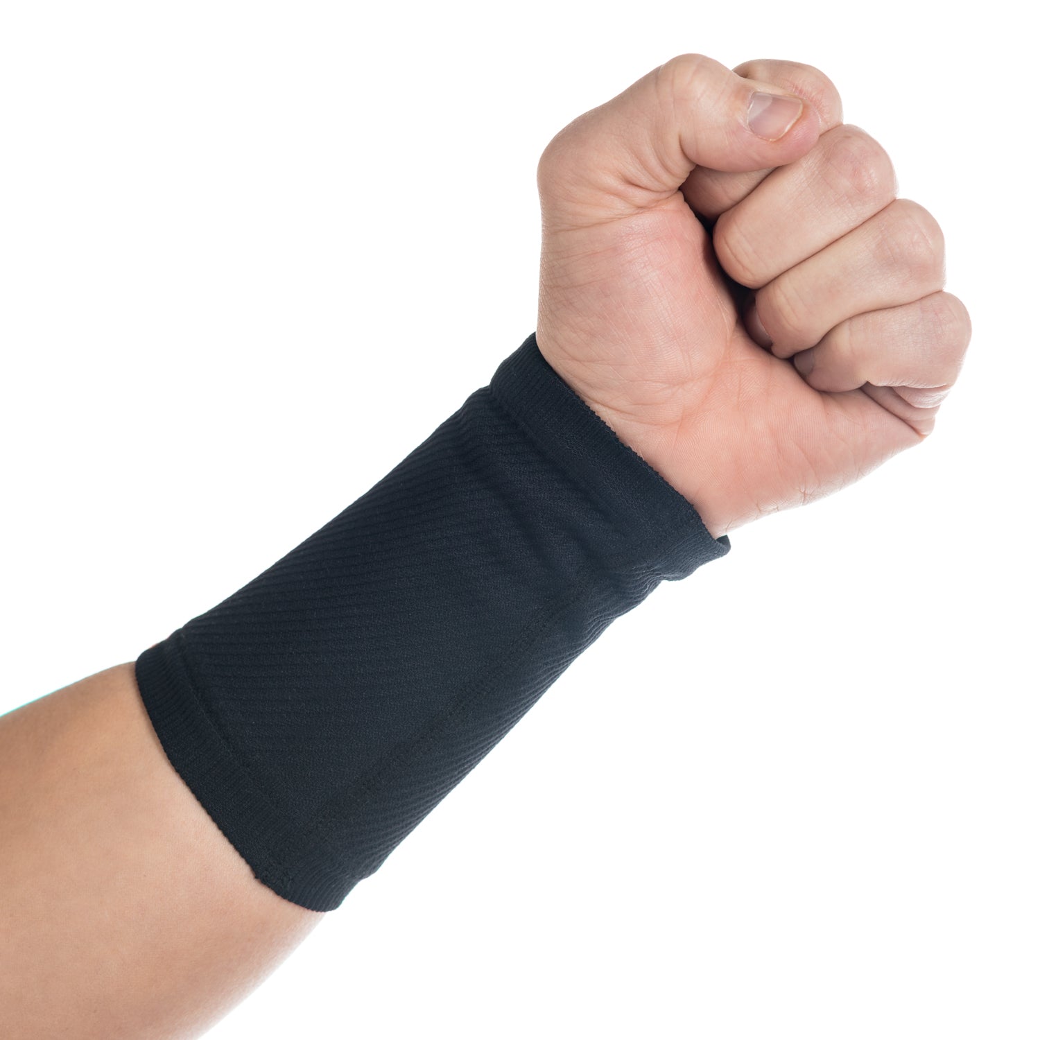 ABSOLUTE360 black wrist support on a person's wrist, closed hand, back view on white background
