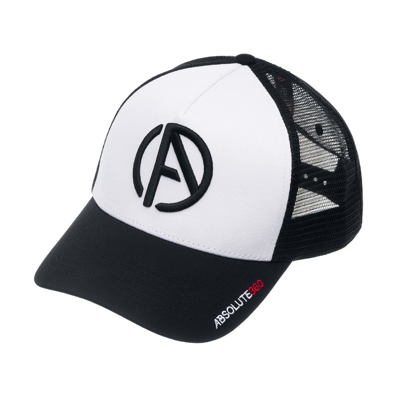ABSOLUTE360 Logo Trucker Hat in white with black mesh, front view on white background