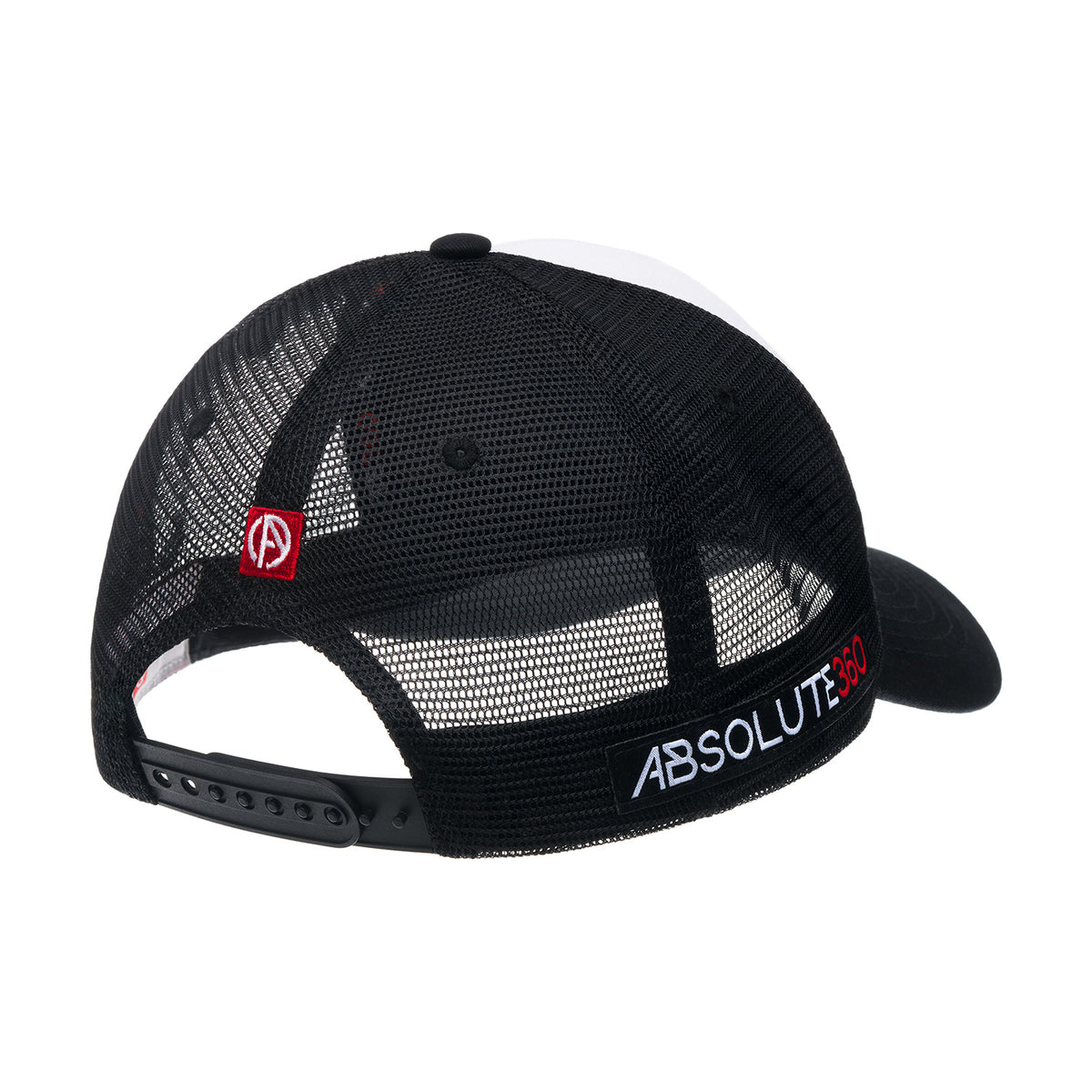 ABSOLUTE360 Logo Trucker Hat in white with black mesh, back view on white background