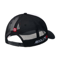 ABSOLUTE360 Logo Trucker Hat in white with black mesh, back view on white background