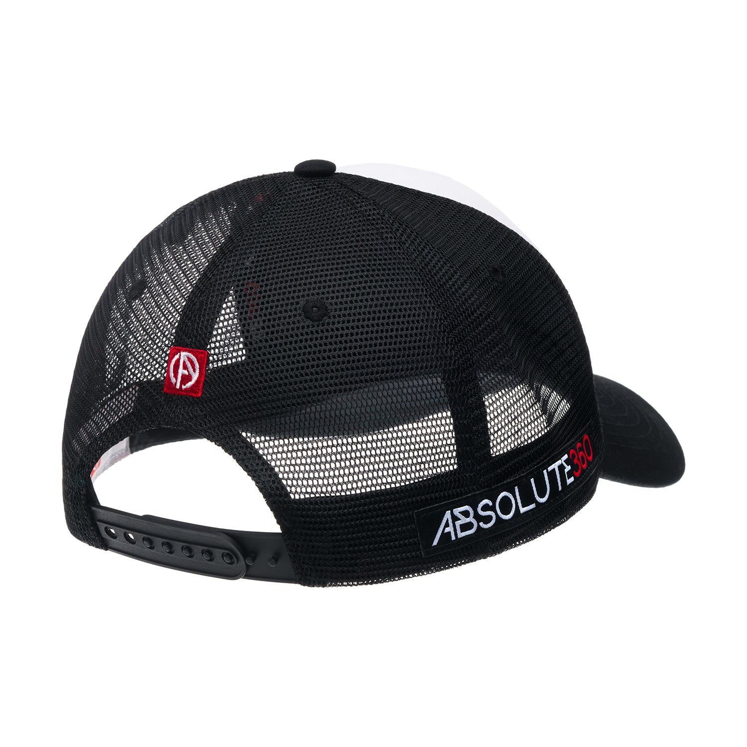 ABSOLUTE360 Logo Trucker Hat in white with black mesh, back view on white background