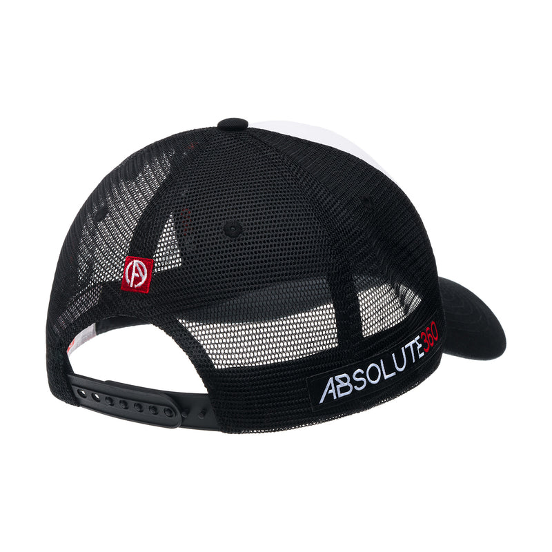 ABSOLUTE360 Logo Trucker Hat in white with black mesh, back view on white background