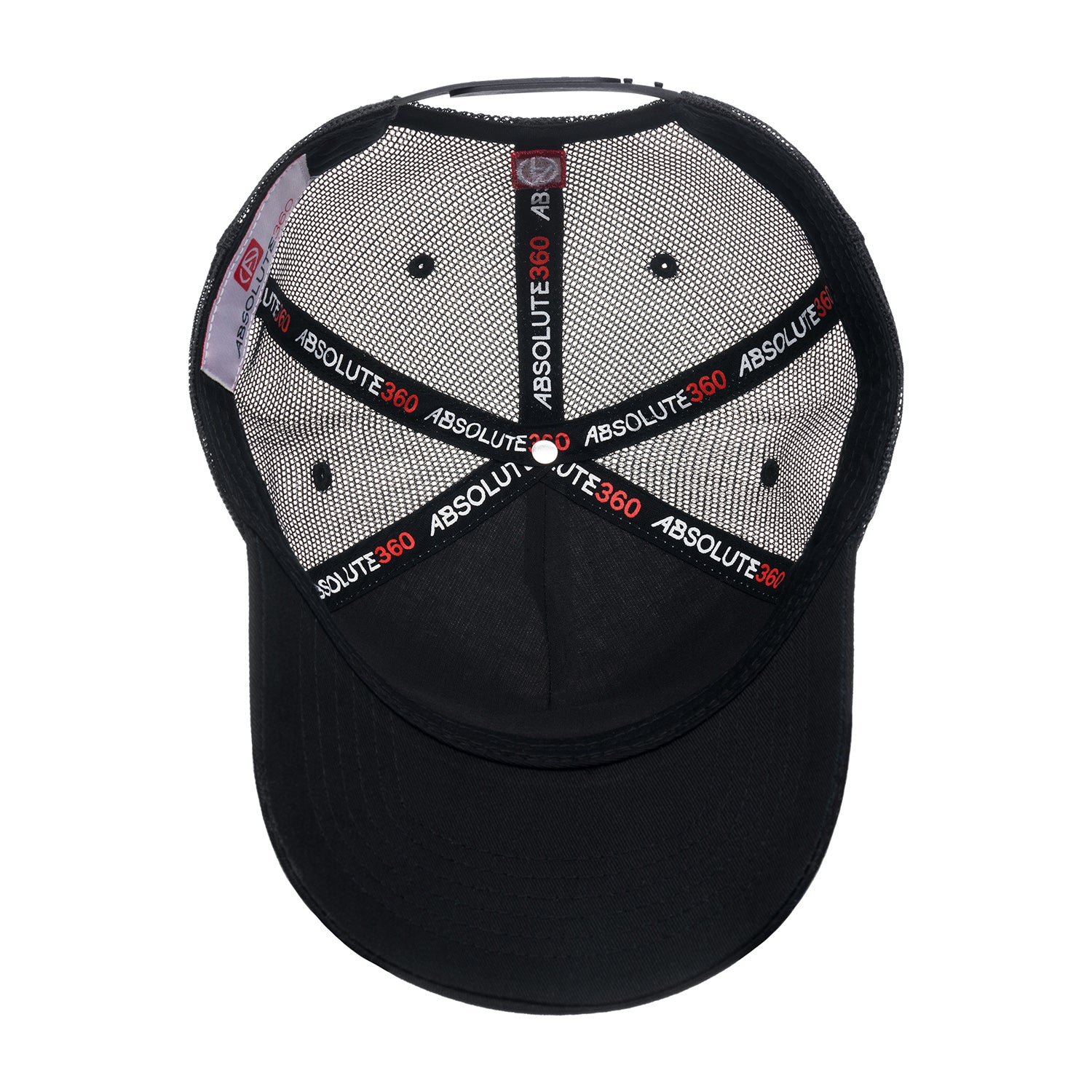 ABSOLUTE360 Logo Trucker Hat in white with black mesh, inside view on white background