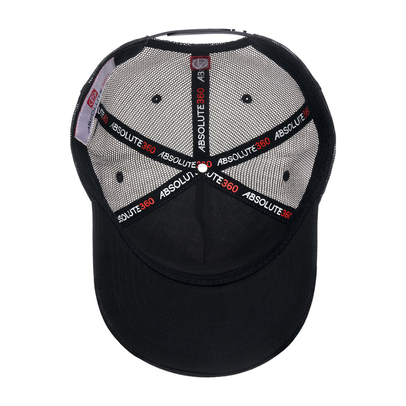 ABSOLUTE360 Logo Trucker Hat in white with black mesh, inside view on white background