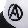 ABSOLUTE360 Logo Trucker Hat in white with black mesh, detailed embroidered logo