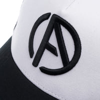 ABSOLUTE360 Logo Trucker Hat in white with black mesh, detailed embroidered logo