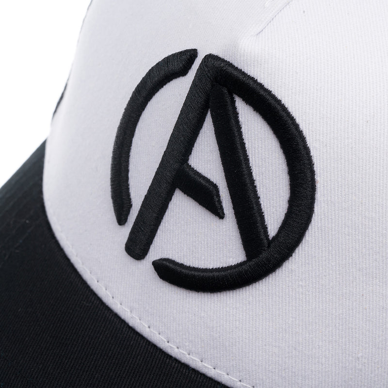 ABSOLUTE360 Logo Trucker Hat in white with black mesh, detailed embroidered logo