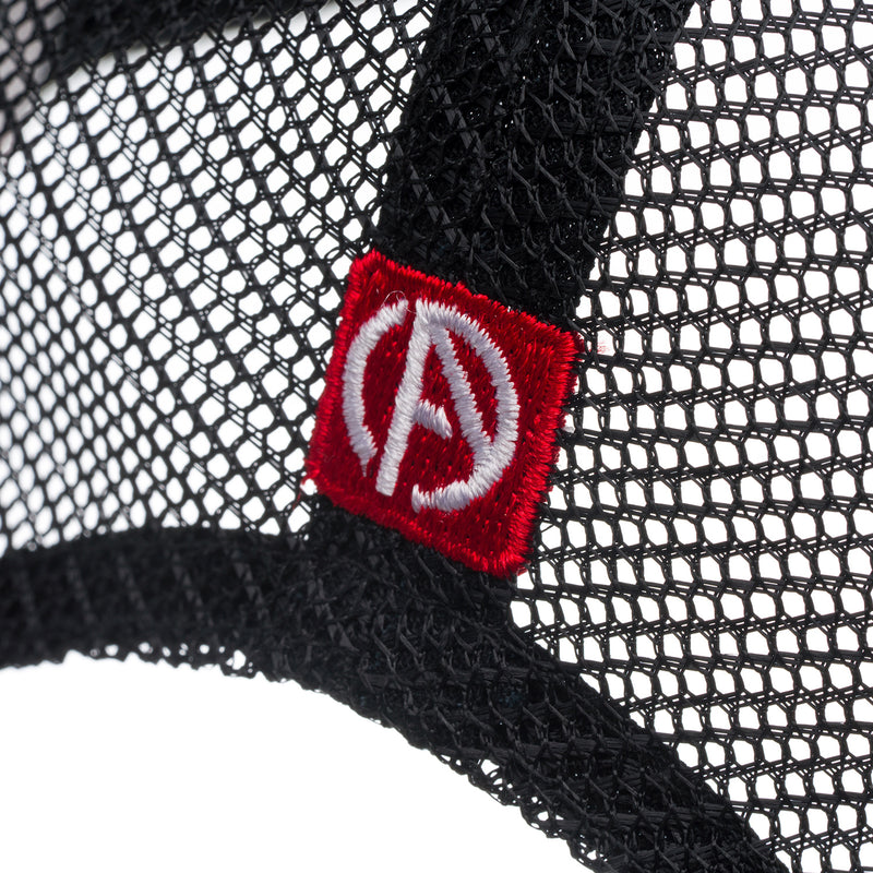 ABSOLUTE360 Logo Trucker Hat in white with black mesh, detailed mesh fabric with embroidered logo on white background