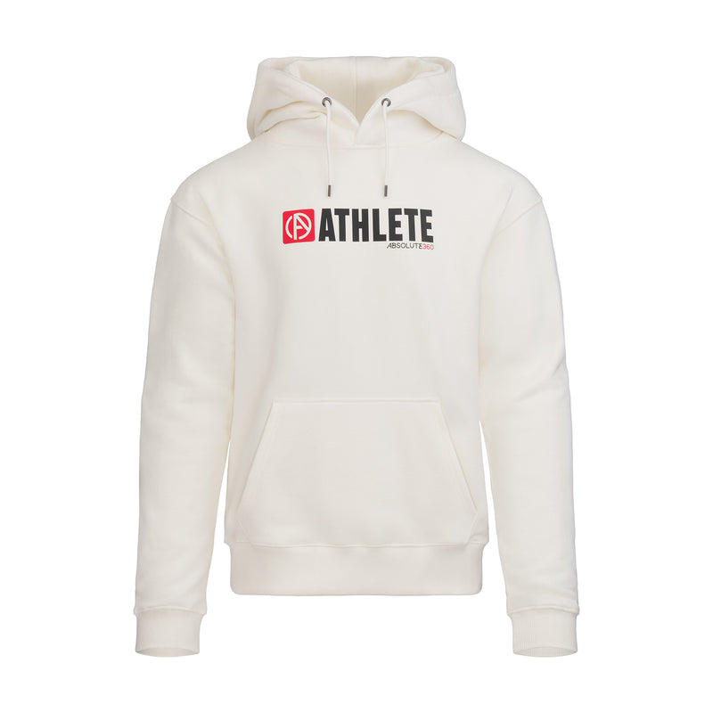 ABSOLUTE360 men's & women's pullover hoodie in white with 'ATHLETE' print, front view on white background