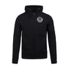 ABSOLUTE360 men's & women's zip-up hoodie in black with 'heritage logo' print, front view on white background