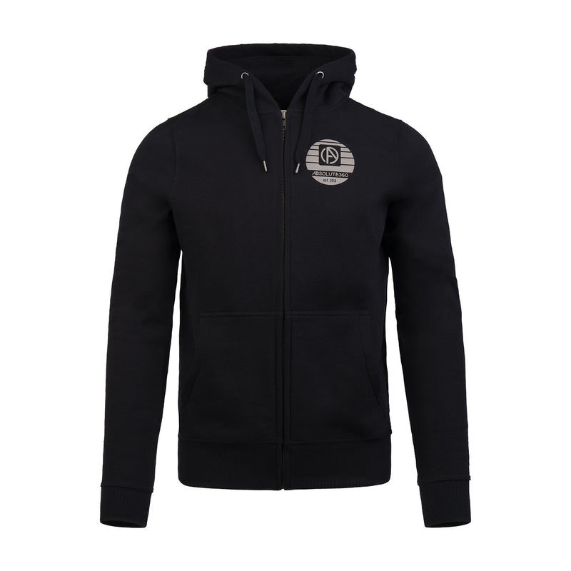 ABSOLUTE360 men's & women's zip-up hoodie in black with 'heritage logo' print, front view on white background