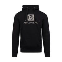 ABSOLUTE360 men's & women's pullover hoodie in black with logo on the chest, front view on white background