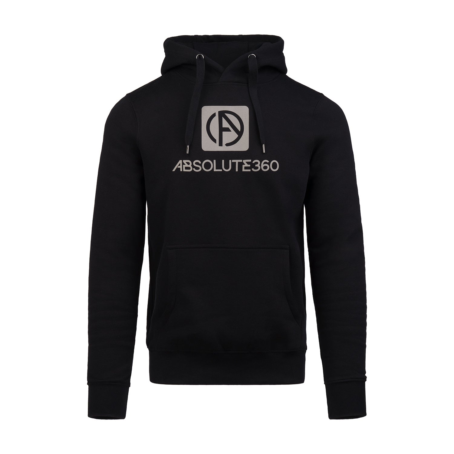 ABSOLUTE360 men's & women's pullover hoodie in black with logo on the chest, front view on white background