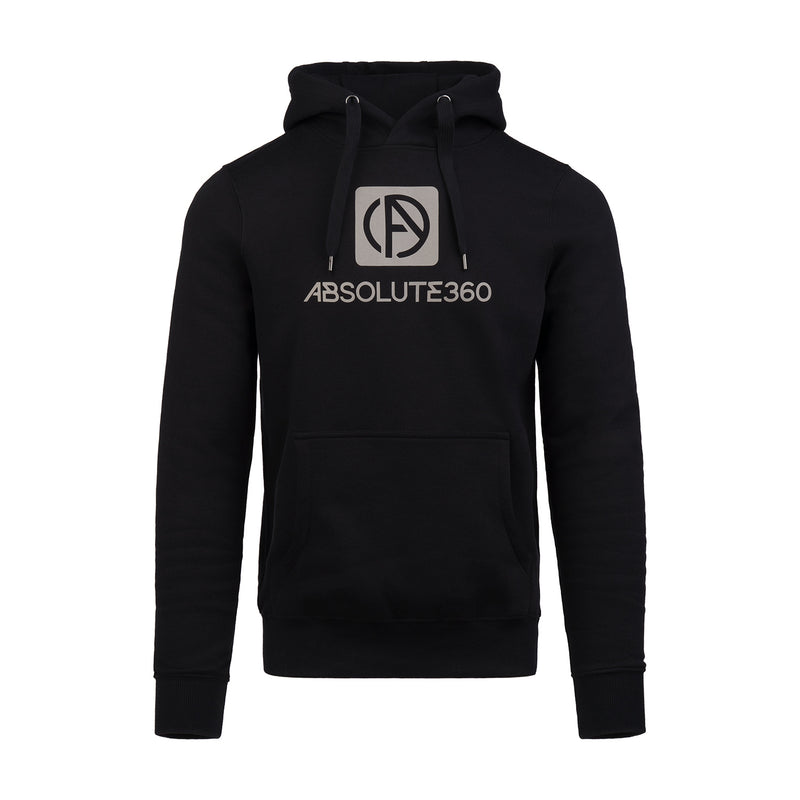 ABSOLUTE360 men's & women's pullover hoodie in black with logo on the chest, front view on white background