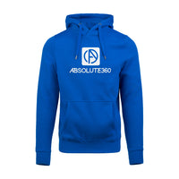ABSOLUTE360 men's & women's pullover hoodie in cobalt blue with logo on the chest, front view on white background