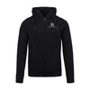 ABSOLUTE360 men's & women's zip-up hoodie in black with breast logo print, front view on white background