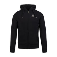 ABSOLUTE360 men's & women's zip-up hoodie in black with breast logo print, front view on white background