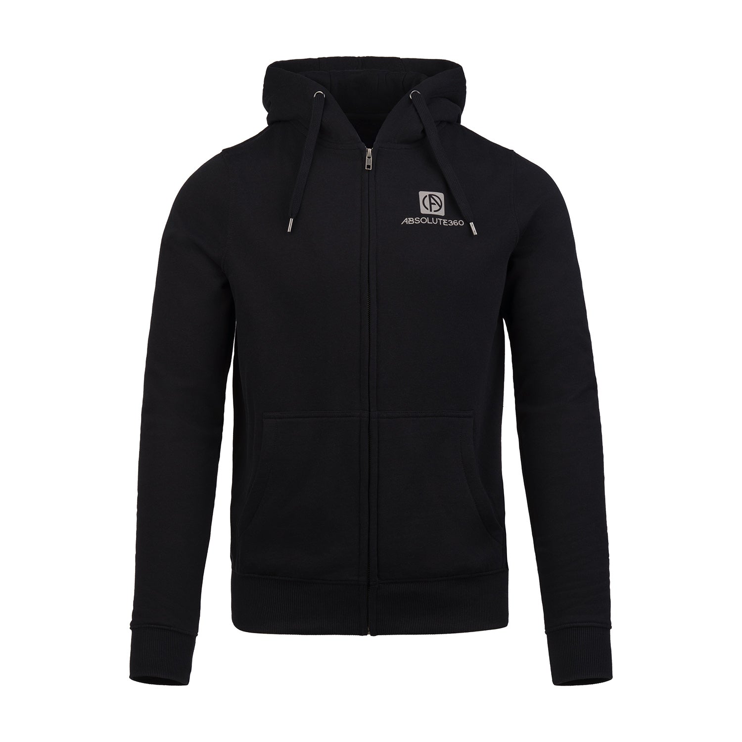 ABSOLUTE360 men's & women's zip-up hoodie in black with breast logo print, front view on white background