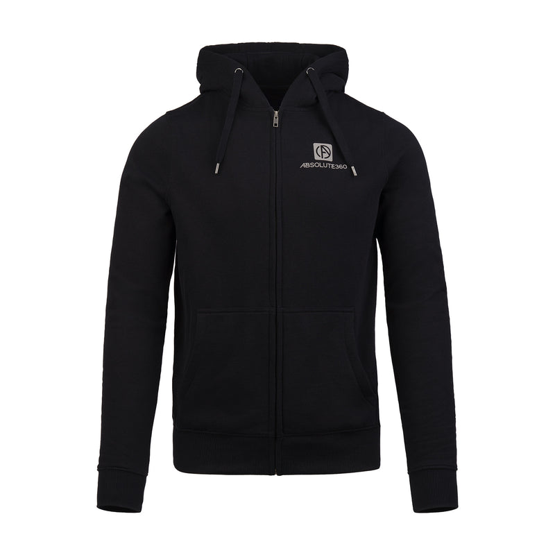 ABSOLUTE360 men's & women's zip-up hoodie in black with breast logo print, front view on white background