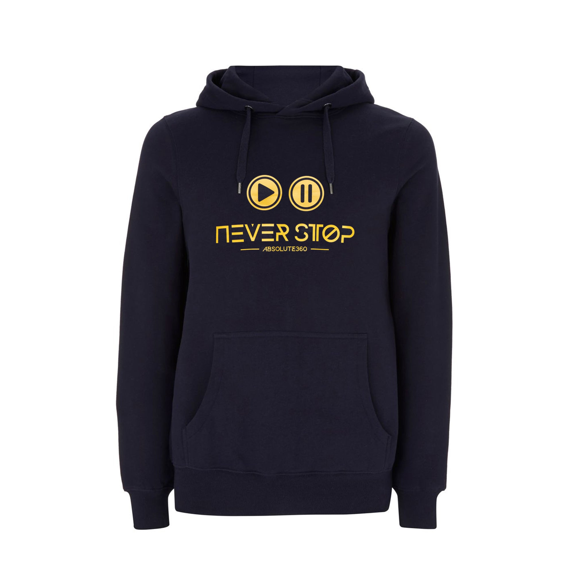 ABSOLUTE360 men's & women's pullover hoodie in navy blue with 'Play Pause Never Stop' print, front view on white background