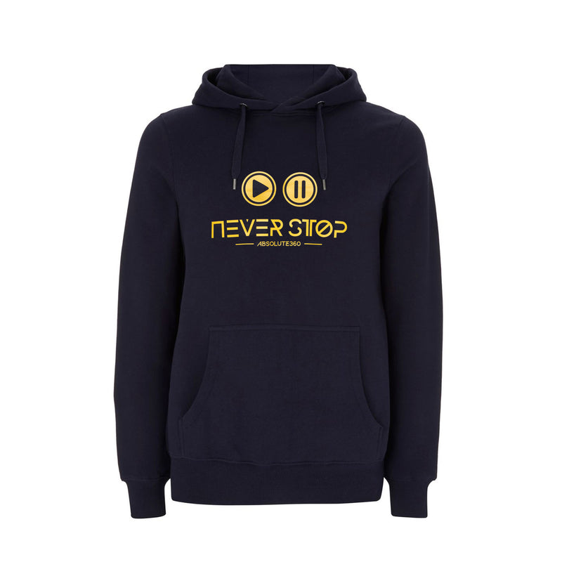 ABSOLUTE360 men's & women's pullover hoodie in navy blue with 'Play Pause Never Stop' print, front view on white background