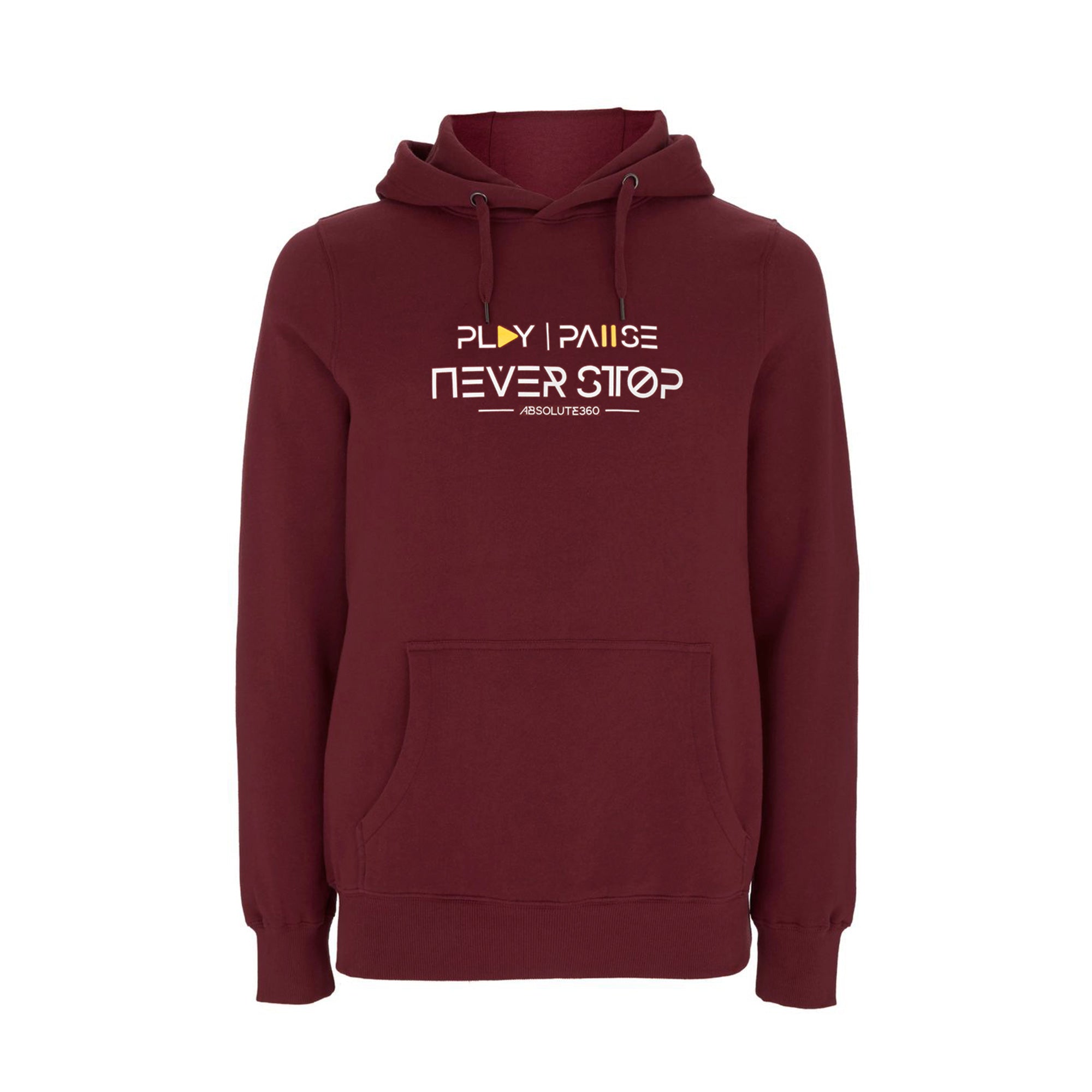 ABSOLUTE360 men's & women's pullover hoodie in burgundy with 'Play Pause Never Stop' print, front view on white background