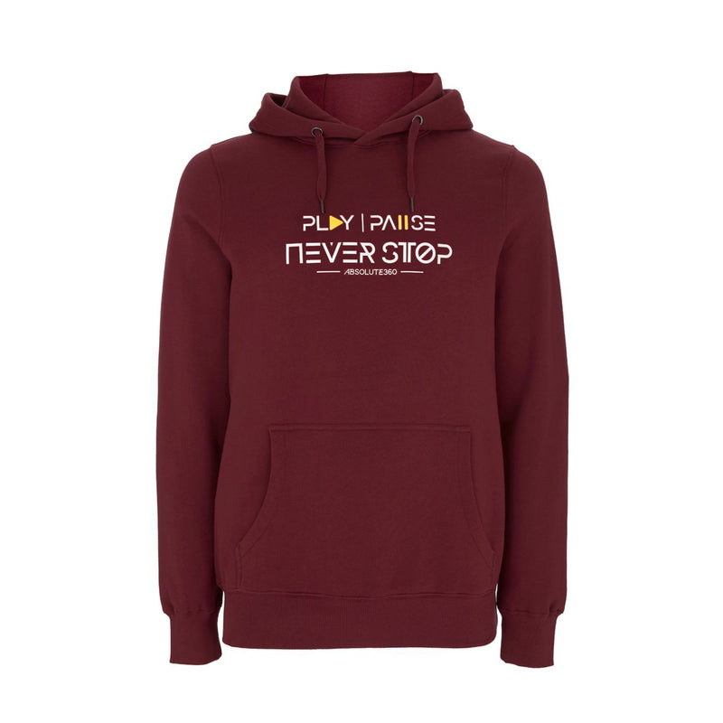 ABSOLUTE360 men's & women's pullover hoodie in burgundy with 'Play Pause Never Stop' print, front view on white background