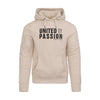 ABSOLUTE360 men's & women's pullover hoodie in beige with 'UNITED BY PASSION' print, front view on white background