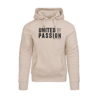 ABSOLUTE360 men's & women's pullover hoodie in beige with 'UNITED BY PASSION' print, front view on white background