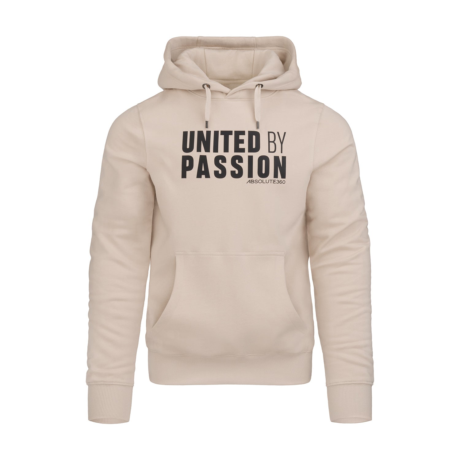 ABSOLUTE360 men's & women's pullover hoodie in beige with 'UNITED BY PASSION' print, front view on white background