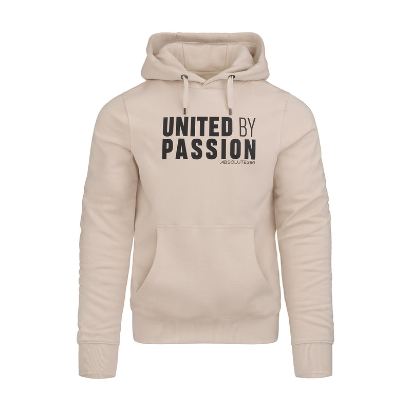 ABSOLUTE360 men's & women's pullover hoodie in beige with 'UNITED BY PASSION' print, front view on white background