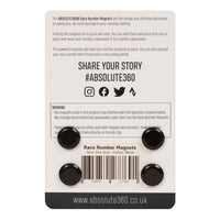 ABSOLUTE360 black race number magnets, back view on white background