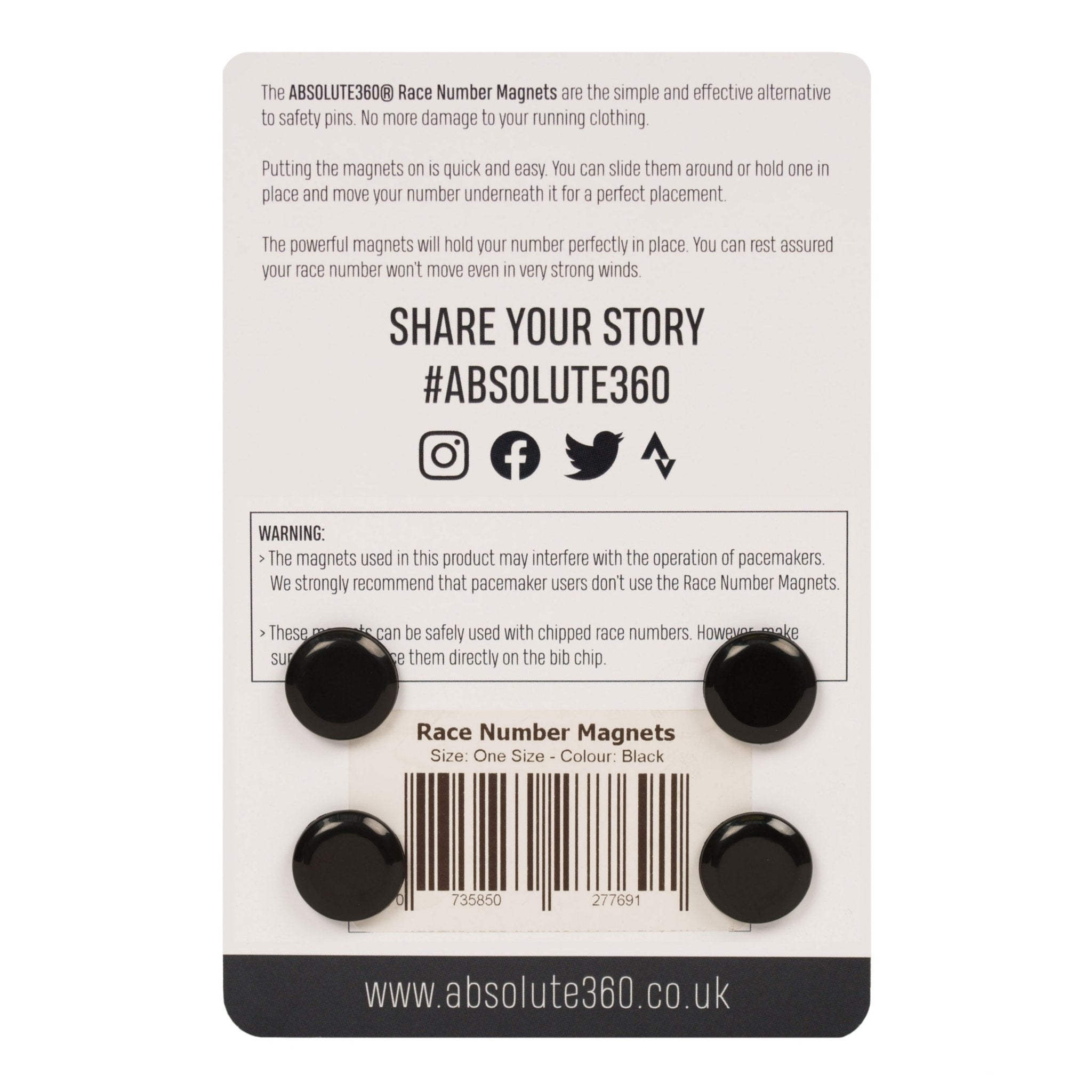 ABSOLUTE360 black race number magnets, back view on white background