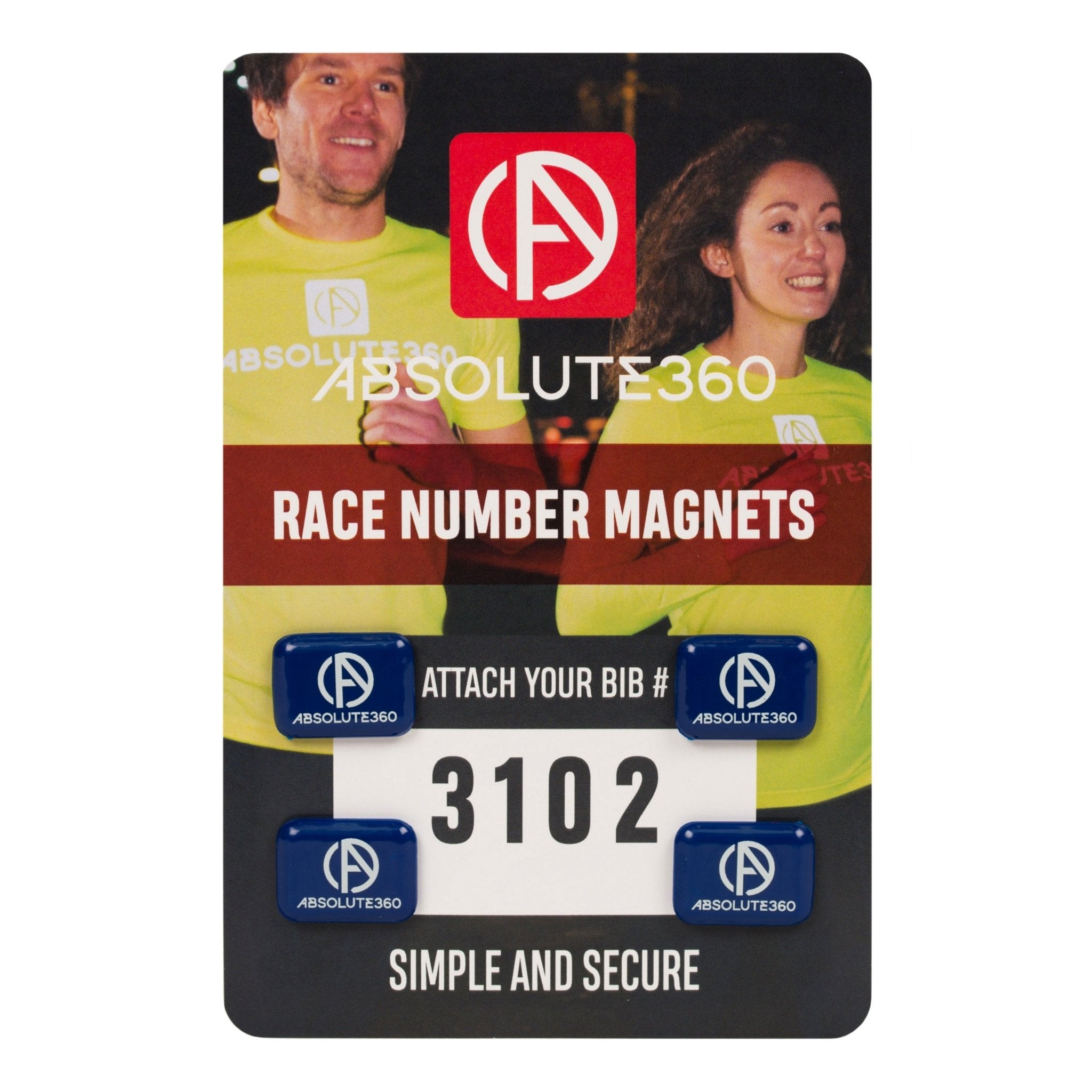 ABSOLUTE360 blue race number magnets, front view on white background