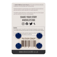 ABSOLUTE360 blue race number magnets, back view on white background