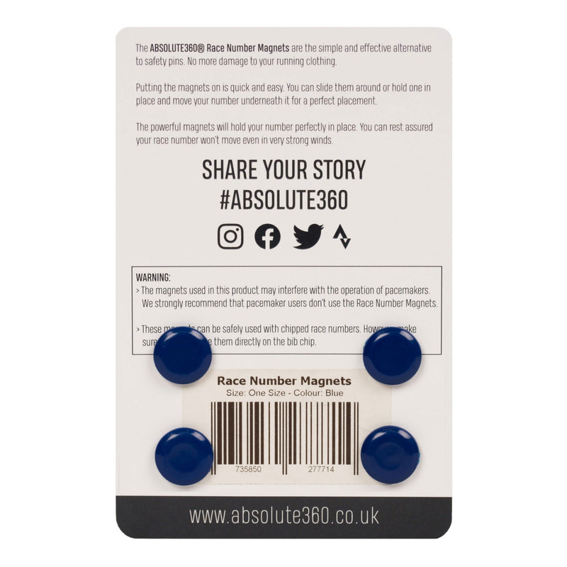 ABSOLUTE360 blue race number magnets, back view on white background