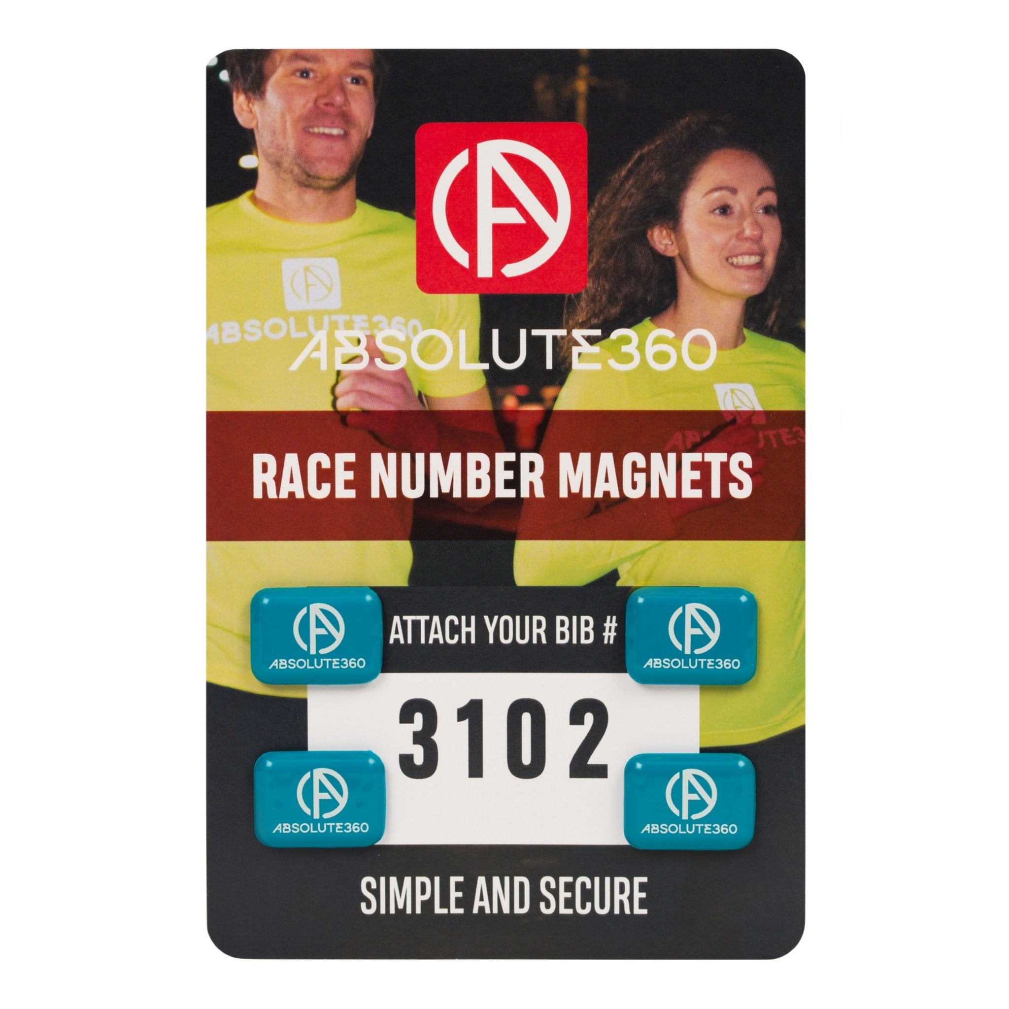 ABSOLUTE360 petrol green race number magnets, front view on white background