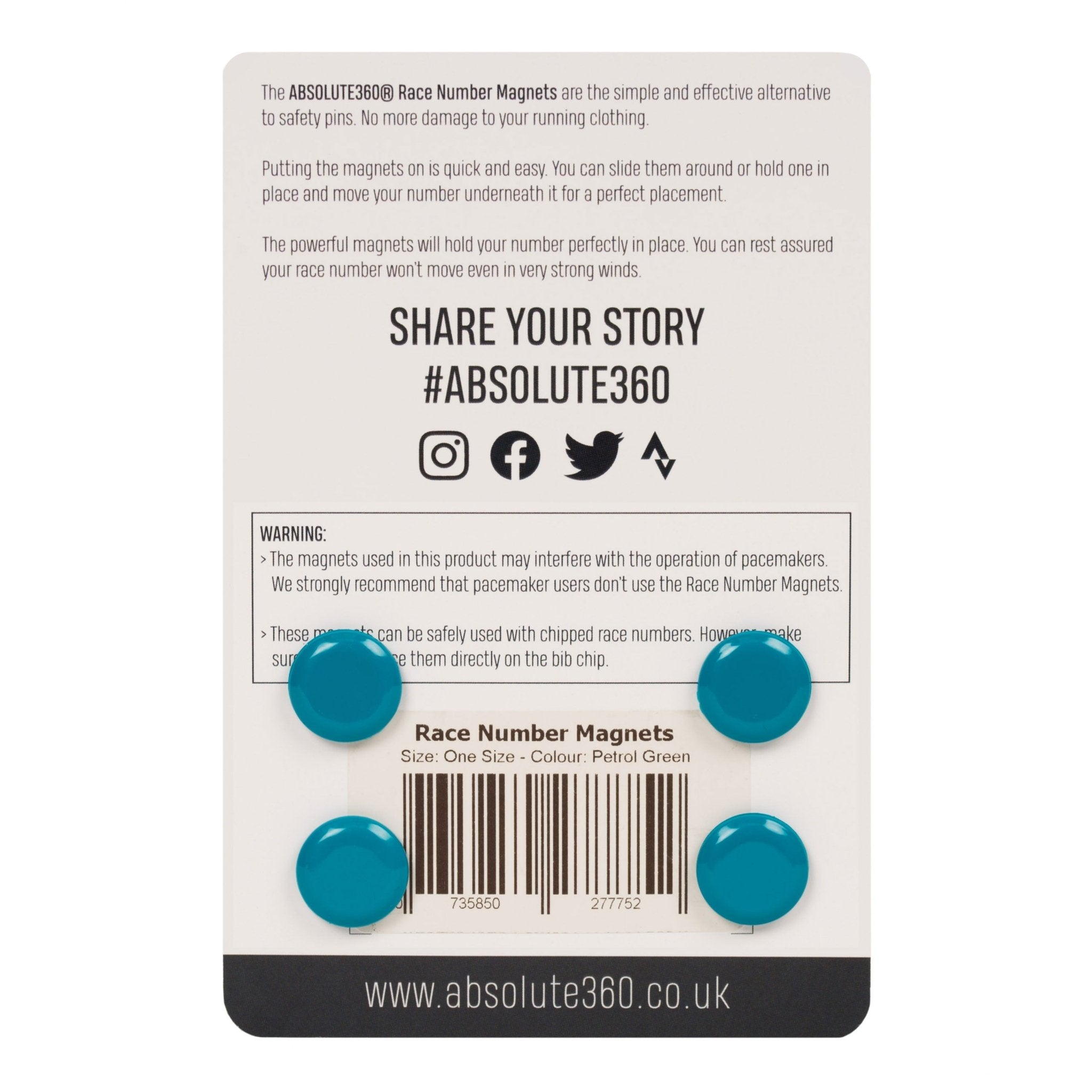 ABSOLUTE360 petrol green race number magnets, back view on white background