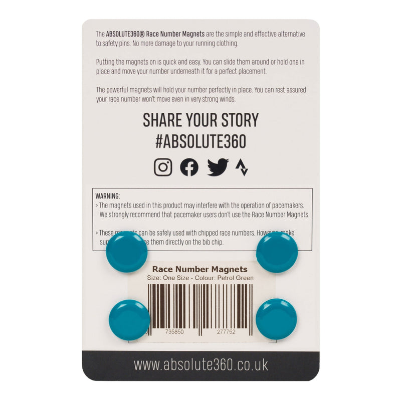 ABSOLUTE360 petrol green race number magnets, back view on white background