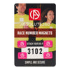 ABSOLUTE360 pink race number magnets, front view on white background