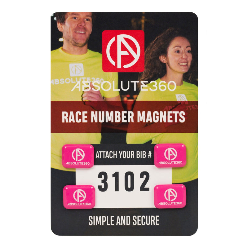 ABSOLUTE360 pink race number magnets, front view on white background