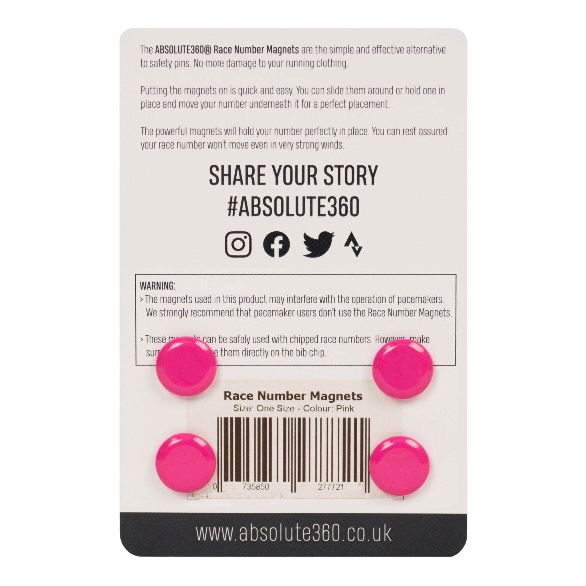 ABSOLUTE360 pink race number magnets, back view on white background