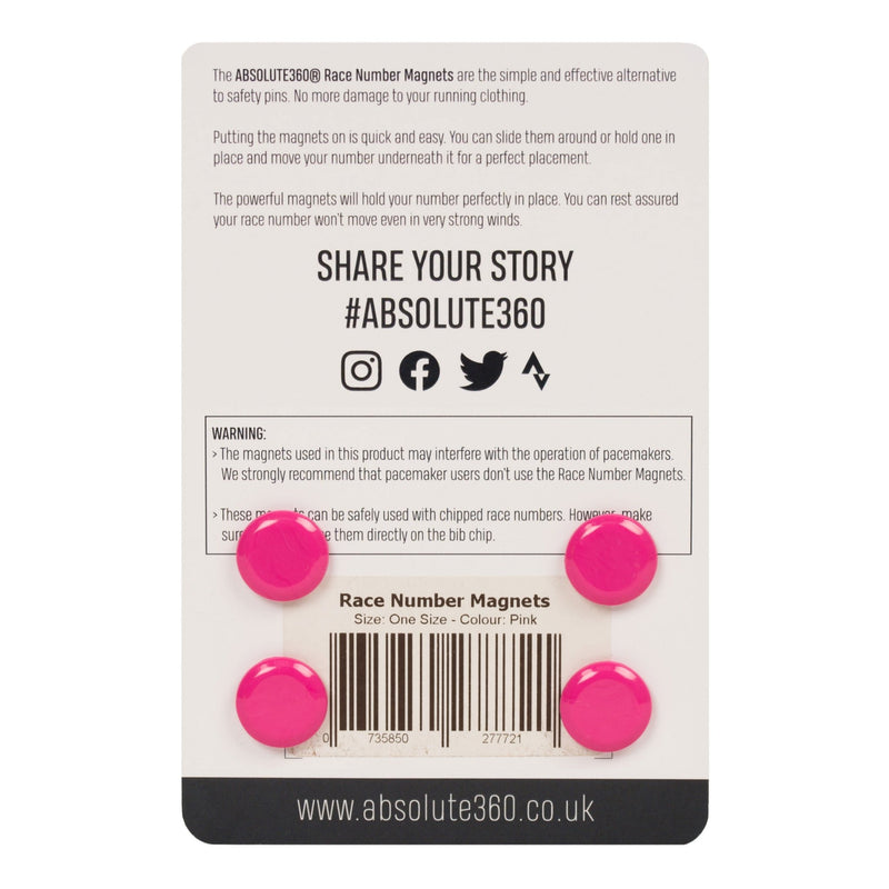 ABSOLUTE360 pink race number magnets, back view on white background